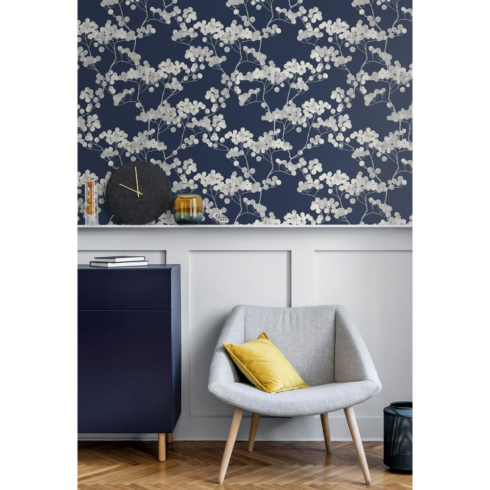 Seabrook Wallpaper ET10502 Bayberry Blossom in Navy Blue